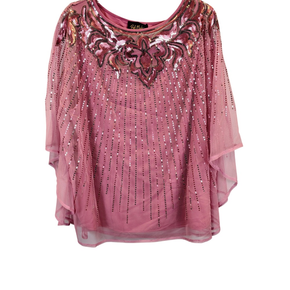 Bob Mackie Womens 1X Sequin Mesh Cape Top Pink Floral Glam Whimsigoth